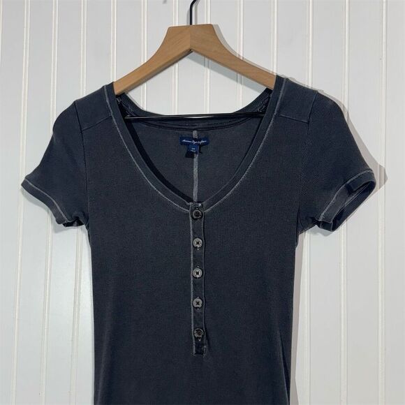 Y2K American Eagle Charcoal Gray Ribbed Henley Tee L Fitted Button 00s Preppy - Picture 2 of 9